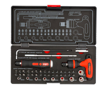 Socket set 1/4 in plastic case T-handle + Screwdriver S44
